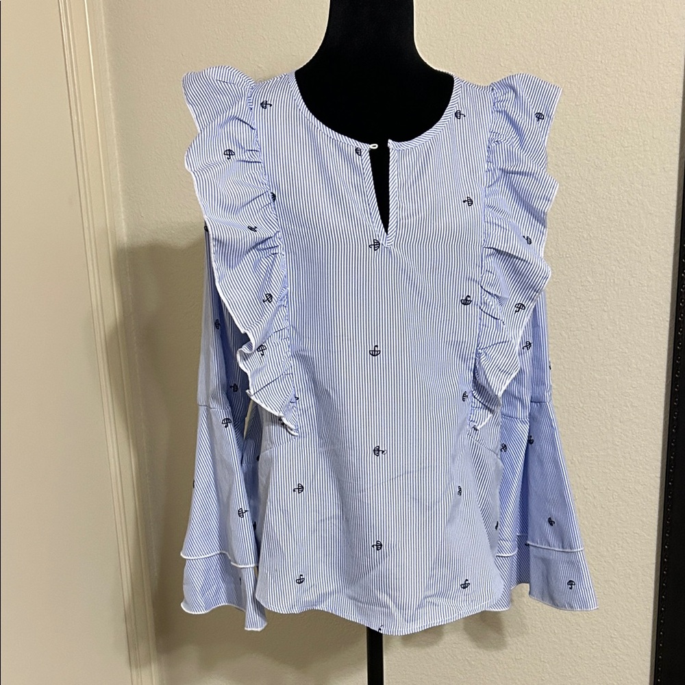 Sweet Rain Striped Blue Ruffle Blouse